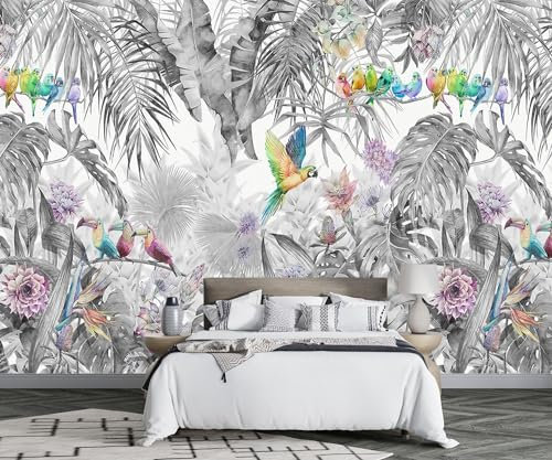 MIWEI Wallpaper Papier Peint Panoramique Perroquet De La Forêt Tropicale Noir Et Blanc Papier Peint Nature Intissé Murale Chambre Salon -F029-430cmX300cm