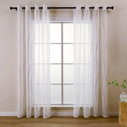 L.Z.E Vorhang Weiss Grau für Wohnzimmer Fenster, Gardine Weiß Hellgrau mit Ösen Kurz, Transparent Gardinen Vorhänge für Schlafzimmer Küche, 2er Set Leinenoptik Schals Modern 145 cm
