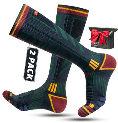 Calze da Sci a Compressione in Lana Merino per Uomo, Donna e Adolescente, Calze Termiche Invernali, Calze da Trekking Con Imbottitura, Calze al Ginocchio, Taglia 35-51, (2 Paia)