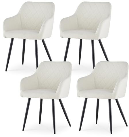 CLIPOP Esszimmerstühle 4er Set, Küchenstuhl Teddy Boucle Bezug Wohnzimmerstuhl Polsterstuhl mit Armlehne Metallbeine Polstersessel Stuhl für Esszimmer Wohnzimmer Küche (4, Bouclé Nebelweiß)