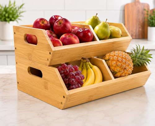 Sholramo 2-Pack Stackable Vegetable Storage Bins, Kitchen and Pantry Organizers and Storage Baskets, for Fruit, Vegetable, Produce, Bread, Potato Onion and Snacks, Bamboo Kitchen Storage Containers