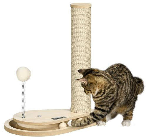 PawHut Árbol Rascador para Gatos 40 cm Torre para Gatos con Poste de Rascador Bola con Muelle y Bolas en la Pista 35x23x40 cm Roble