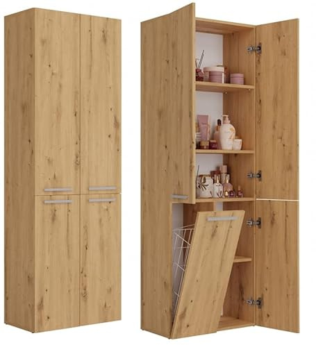 BDW Armadio da bagno con 4 ante, 174 x 60 x 30 cm, mobile sotto lavabo, armadio alto, cesto per biancheria, scaffale (rovere Artisan)