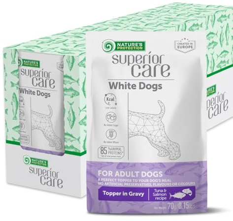 Nature’s Protection Superior Care Hundenassfutter mit Thunfisch & Lachs - Hundefutter ohne Getreide & hypoallergen - Für weiße erwachsene Hunde - Haut & Fellpflege - Reduziert Tränenflecken (24 x 70g)