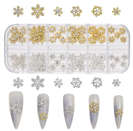 Christmas Snowflake Nail Charm,60Pcs Rhinestone Snowflake Nail Art Gems and Charms,Metal Alloy Gold Silver Snowflake Nail Decorations Nail Rhinestones for Women Girls Manicure Design DIY Crafts