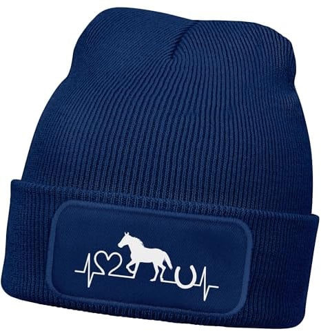 MoonWorks® Wintermütze Kinder Beanie für Mädchen Reiten Herzschlag Pferd mit Patch Aufdruck Print Strickmütze Navy-Weiss Unisize