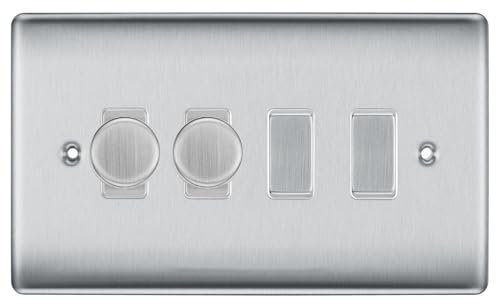 BG Brushed Steel 4 Gang Switch 2x Trailing Edge LED Dimmer 2x 2 Way Custom Grid