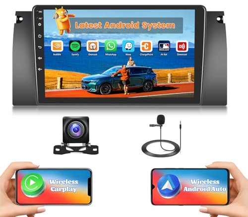 Hikity 2G+64G Android 15 Radio Coche para BMW Serie 5 X5 / E39 / M5 / E53 1996-2003 con Pantalla Táctil de 9 Pulgadas Radio 2 DIN con Carplay Android Auto Radio RDS/FM Inalámbrica BT GPS WiFi+CAM+Mic