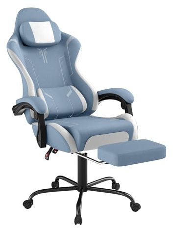 Suusolny Silla de gaming con masaje de vibración y reposapiés, silla ergonómica con cojín, reposabrazos, silla de oficina, hasta 135 kg, altura regulable, tela de terciopelo azul