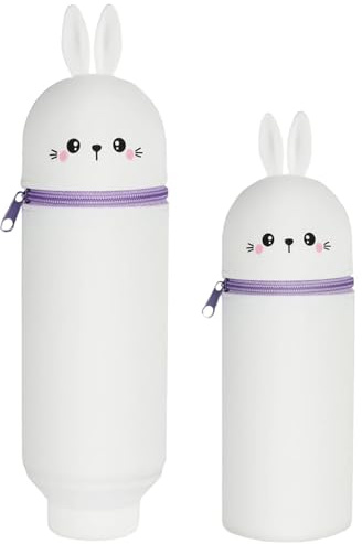 ZYEKIU Trousse Ecole 2 en 1 en Silicone Souple Kawaii Lapin Pochette de Stylo, Trousse Silicone Verticale Crayons en Souple Rétractable Sac Rangement Papeterie Fournitures (Lapin Blanc)