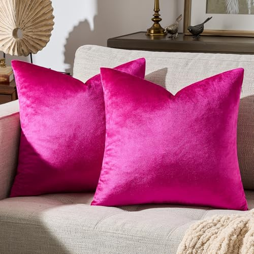 GIGIZAZA 2er Set Hot Pink Kissenbezug Samt Kissenbezüge Dekorative Kissenhülle Sofakissen Zierkissen deko Dekokissen für Wohnzimmer Schlafzimmer Sofa Auto 40cmx40cm
