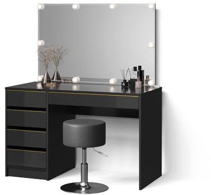 Livinity Schminktisch Imola, Schwarz/Gold | ✓ Spiegel mit LED-Lichterkette · ✓ Hocker · 5 Schubladen · Freistehend · Grifflose Optik