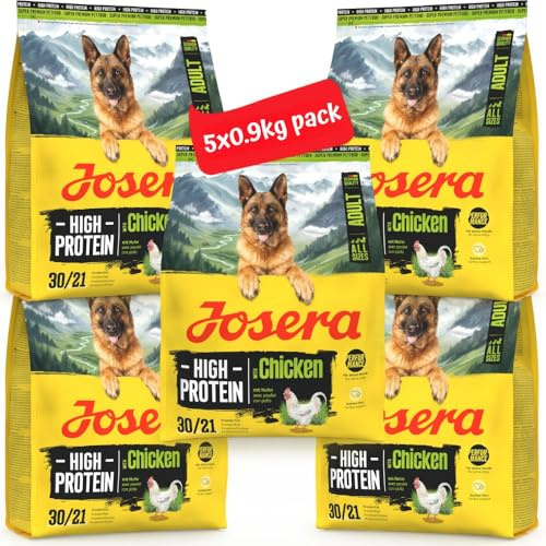 JOSERA High Protein Huhn | 5X 900 g | Trockenfutter für ausgewachsene Hunde | Adult | Huhn & Lachsöl | Premiumfutter für sportliche (Zucht-) Hunde | glutenfrei & proteinreich | L-Carnitin & Taurin