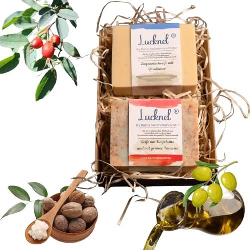 Lucknel® Naturseife Geschenkset 2er Set – Hagebutte & Grüne Tonerde + Ziegenmilch & Sheabutter – handgemacht, Familienmanufaktur mit 14 Jahren Seifen-Erfahrung