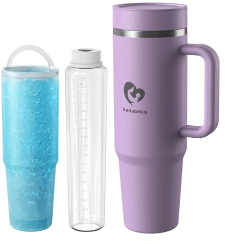 Bellababy Portable Breast Milk Cooler Bottle for Outdoor, 24H+ 360° All-Round Cooling Breast Milk Chiller with 18oz BPA-Free Bottle, Multi-Use 50oz Insulated Tumbler with Handle (Purple, Large)