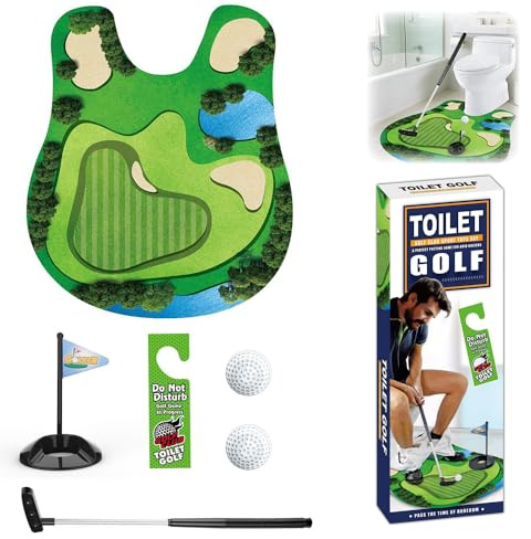 AXVRAV Ensemble cadeau de golf de toilette, mini cadeau de golf pour homme, salle de bain amusant jeu de golf – avec club de golf, tapis de putting, 2 balles et suspension de porte – Cadeau de mini