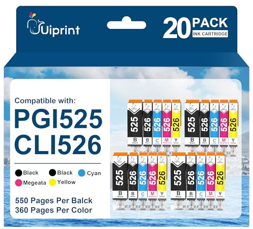 Uiprint PGI-525 CLI-526 Tintenpatrone Kompatibel für Canon 525 526 Patronen | für PIXMA MG5150 MG5250 MG5350 IP4850 IP4950 IX6550 MX895 MX885 MX715 (20-Pack, 4 Schwarz/ 4 PGBK/ 4 Cyan/ 4 Magenta/ 4 Gelb)