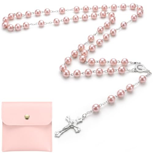 TIHNY Chapelet pour Femmes catholiques, Collier de Perles de Verre de 80cm/31 avec Pendentif Crucifix, Chapelet pour Adultes