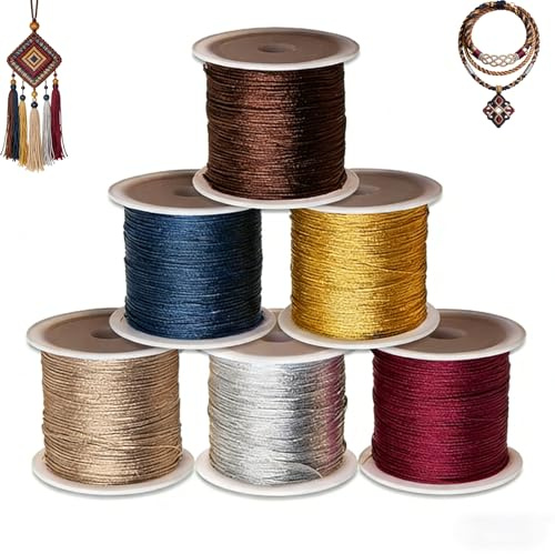 6 Rotoli di Filo per Collane Uncinetto 50mx0,4mm – Fili in Poliestere Multicolore per Bigiotteria e Macramè, Cordoncino Resistente per Gioielli DIY, Bracciali e Collane