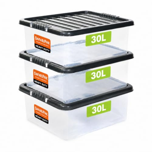 SAFARIPAK 3 x 30 Litre Underbed Clear Plastic Storage Boxes with Lids, Clip-Lock Lid, Sturdy Stackable Space Saving Box, Lidded Containers for Home, Kitchen, Moving, Garage, Office & Organisation