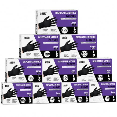 ANSIO Black Nitrile Latex Free Disposable Gloves Large, 1000 Pack | Powder Free, Food Safe, Touchscreen Compatible, Cleaning, Food Prep, Hair Dye & DIY