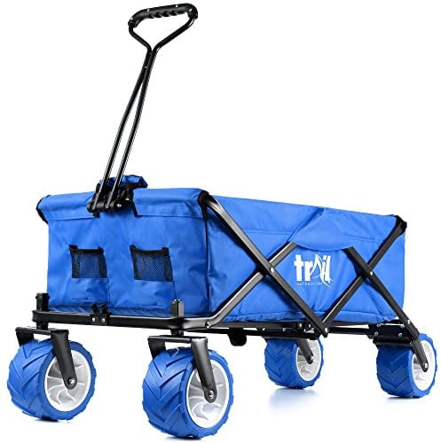 Trail Beach Trolley Cart Folding Camping Festival Wagon With Pull Along Handle, All Terrain Wheels, Drink Pockets, 60KG Capacity (Blue)