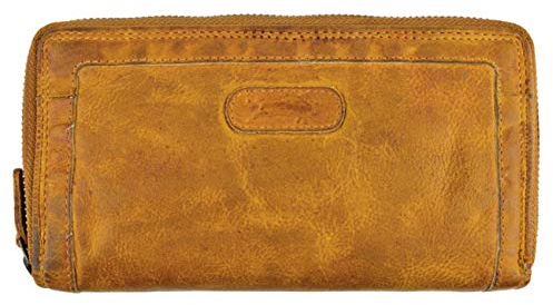 Damen-Geldbörse gewaschenes Leder Büffelleder Portemonnaie Doppelreißverschluss Used Look Vintage Geldbeutel L253 Senf Cognac