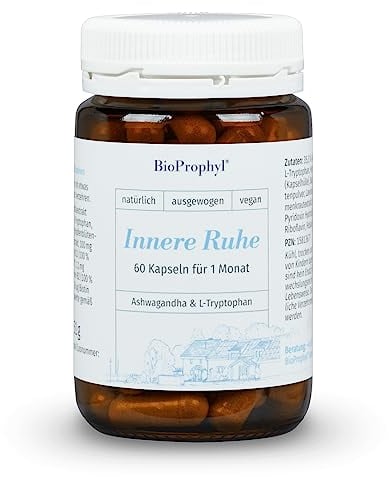 BioProphyl® Innere Ruhe mit Ashwaghanda 5% Withanoliden, Baldrian, Hopfen und Lavendel + L-Tryptophan und B-Vitaminen zur Unterstützung der Psyche - 60 pflanzliche Kapseln für 1 Monat - 100% vegan