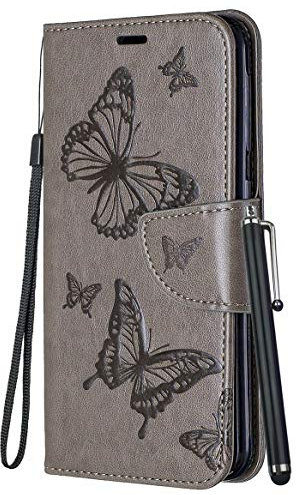 Yiizy Cover per Huawei P Smart Fig-LX1, farfalla 3D Portafoglio Custodia in pelle protettiva magnetica in silicone TPU Cover Huawei Enjoy 7S con slot schede, funzione di supporto (grigio)