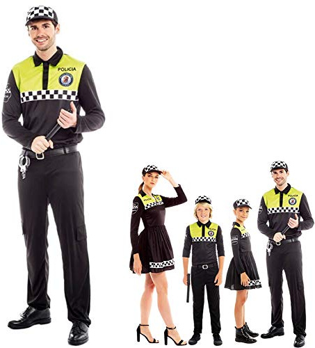 Partilandia Disfraz Policía Local Hombre Uniforme con Gorra Checkers【Tallas Adultos de S a L】[Talla L] Disfraz Carnaval Hombre Profesiones Uniforme Policía Desfiles Teatro Actuaciones Regalo