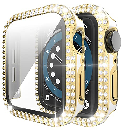 Miimall Kompatibel mit Apple Watch Serie 6/SE/5/4 40mm Hülle mit Glas Displayschutz, Doppelter Diamant Strassstein Vollerschutz Ultradünner Kratzfest PC Case für iWatch 40mm - Weiß/Gold