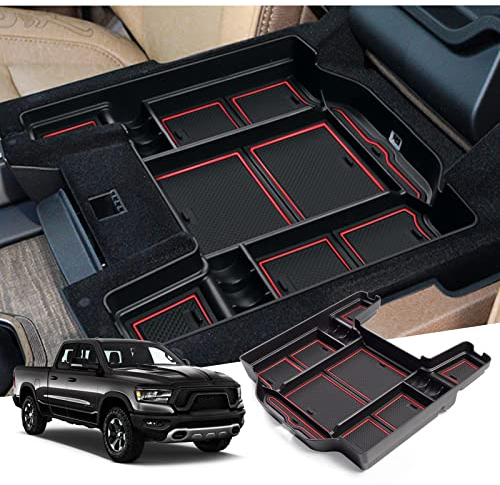 GAFAT Der Neu D odge RAM 1500 2019-2024 2025 Mittelkonsole Aufbewahrungsbox, RAM 1500 2023 Armlehne Organizer Tray Mittelarmlehne Handschuhfach, RAM 1500 Zubehör (Rot)
