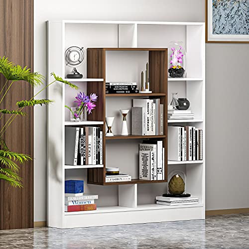 Homidea Venus Bücherregal - Standregal - Büroregal - Raumtieler für Wohnzimmer/Büro in modernem Design (Weiß/Nußbaum)