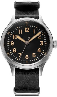 PRAESIDUS A2 Origin Field Militäruhr für Herren in 40mm Edelstahlgehäuse mit NATO Typ A2 Analoguhr Schweizer Quarzuhrwerk für Arbeit und Outdoor, Schwarzes Zifferblatt/schwarzes Lederarmband