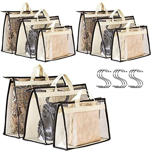 Peohud 9 Stück Handtaschen Staubbeutel,3 Größen Transparente Handtaschen Aufbewahrung,Hängende Handtaschen Staubabdeckung Taschen mit Reißverschluss, Griffe und Haken