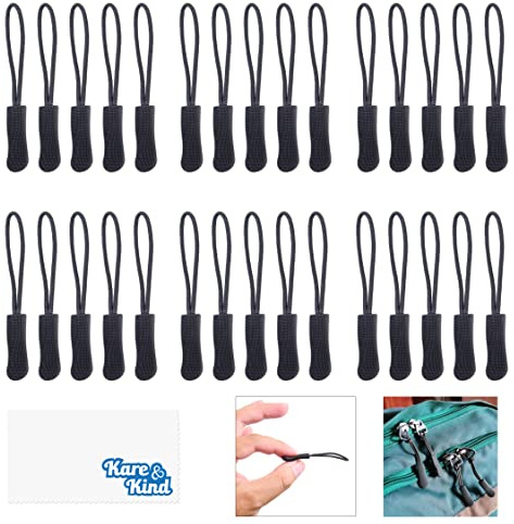 Kare & Kind 30X Zipper Pulls - Nylon Cord with Plastic Pull Extension - Replacement for Broken or Missing Pulls - for Clothing, Jacket, Backpack, Bags, Purses - DIY, Sewing, Tailoring
