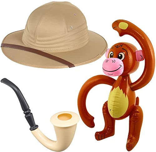 Erwachsene Safari Pith Helm Hut Entdecker Jäger Abenteurer Reisende Kostüm Zubehör Set ~ Dschungel Safari Hut + Räucherpfeife Requisite + aufblasbarer Affe, beige, Einheitsgröße