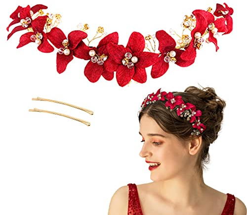 Bridal Red Crystal Headband Princess Flower Hair Vine Headpiece Pearl Wedding Queen Crowns and Tiaras Bride Floral Red Headband for Women and Girls Halloween Decor