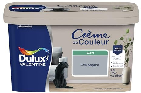 Dulux Valentine Crème de Couleur - Peinture multi-supports intérieure - Satin Gris Angora 2,5 L
