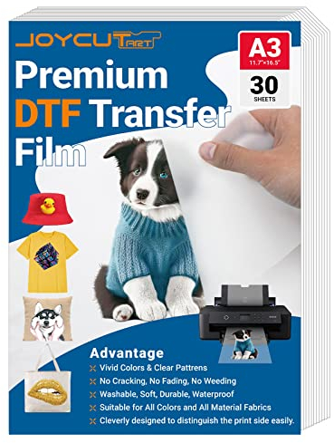 Joycut DTF Transferfolie – A3 (11,7 × 16,5 Zoll), 30 Blatt, doppelseitig, mattes Finish, DTF-Folie für Sublimations- und DTF-Tintenstrahldrucker, Direktübertragungspapier für T-Shirts