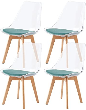 EGGREE 4er-Set Skandinavische SGS-geprüfte Esszimmerstühle, 4 Transparente Küchenstühle mit Massiven Buchenbeinen und Aqua-Grünem Samt-Sitzkissen