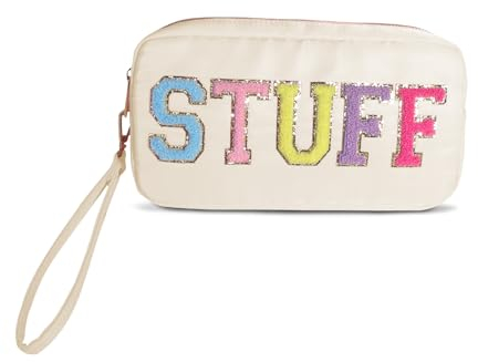 Reise Kosmetiktasche Klein, Preppy Kosmetiktasche, Chenille Patch Make-up-Tasche, Wasserdicht Kosmetik Organizer Tasche für Damen Face Hair Skin Makeup Tasche(Beige)