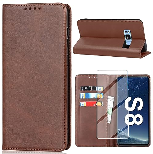 Vaki Handyhülle für Samsung Galaxy S8 Hülle mit Schutzfolie, Schutzhülle Galaxy S8 PU Leder Wallet Kartenfach Ständer Klapphülle Lederhüllen Case für Samsung S8 Tache Cover (Braun)