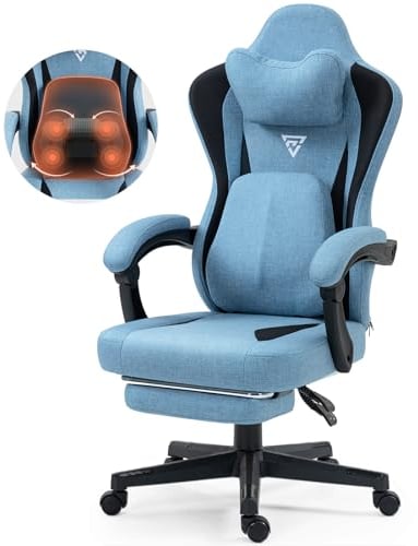 Vigosit Silla de gaming con masaje calefactable con soporte lumbar, silla gamer de tela con funda, cojín y reposapiés, silla ergonómica para gamer, capacidad de carga de 150 kg, color azul