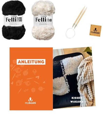 myboshi Strickset Kissen Wakana, Strickset für Anfänger, inkl. Fellino Fellgarn, Rundstricknadel, Anleitung und Label, 100% Polyester, Schwarz-Weiß mit Rundstricknadel