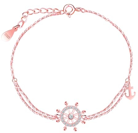 INFINIONLY Womens Girls Elegant Rose Gold Bracelets 925 Sterling Silver Creative Rudder-Anchor with Zircon Bracelet with Double Adjustable Anchor Chain