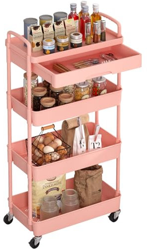 Dttwacoyh, 1 Stück 4 Tier rollwagen mit schubladen, servierwagen mit Rollen, schönheit und Haar kunststoffschale, metallrohr und metallräder rollwagen, servierwagen für, Wohnzimmer, küche, rosa