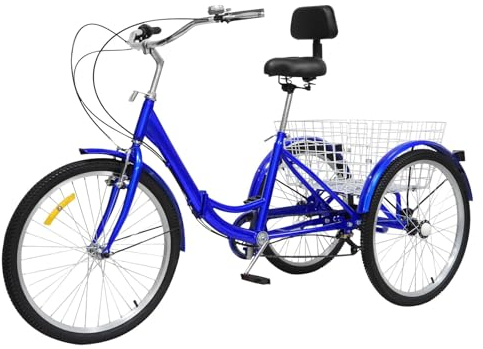 HINOPY 24 Zoll Dreirad für Erwachsene, 7-Gang Klapprad 3-Rad Fahrrad Senioren Shopping Tricycle mit Rückenlehne und Einkaufskorb für ältere Menschen Entwickelt (Blau)