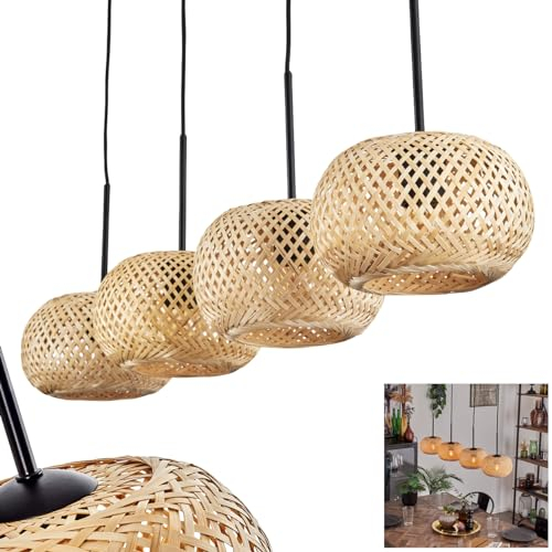 Suspension Bauro, suspension moderne en métal/bambou noir/naturel, suspension au design bohème avec effet lumineux, hauteur max. 148 cm, 4 ampoules, Ø abat-jour 20 cm, 4 douilles E27, sans ampoules