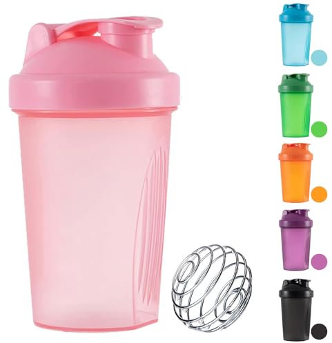 Bouteille shaker pour mélangeur de poudre de protéines, bouteille d'eau en plastique avec bouchon anti-fuite Mixball pour fitness, sport, gym, supplément de boissons 400 ml (rose)